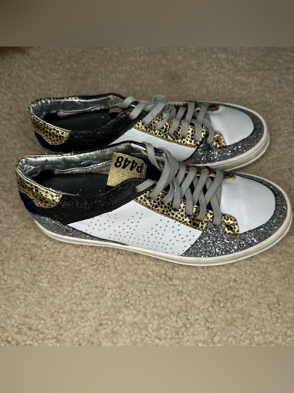 P448 Women’s White, Gold & Silver Glitter Low-Top Sneaker Size 37/6.5